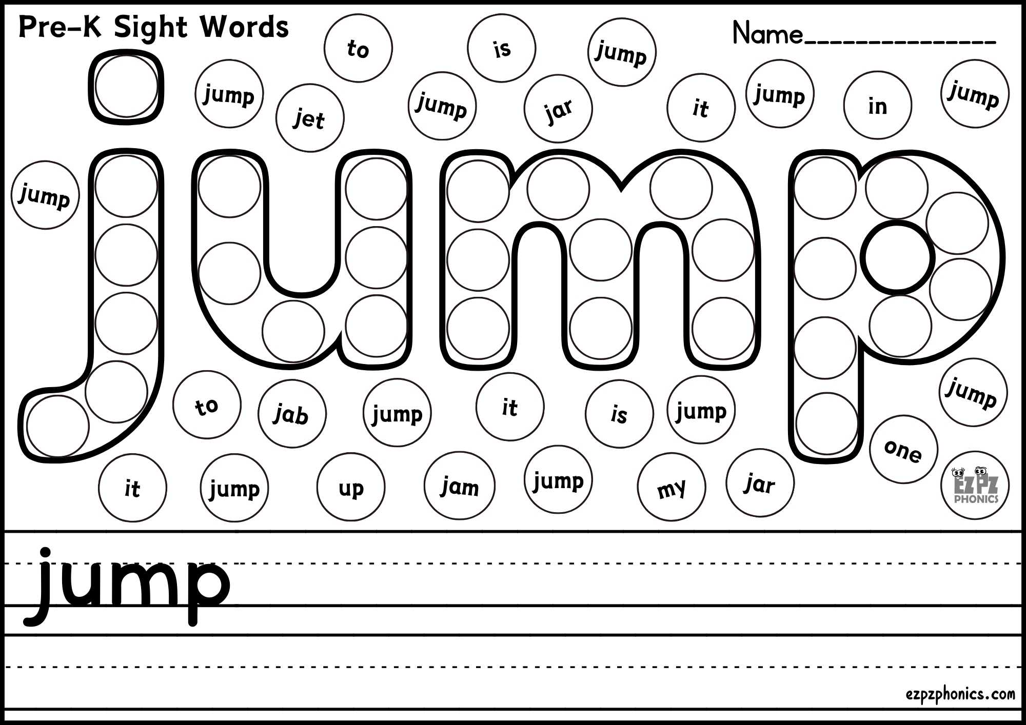 "Jump" Dolch Sight Word Dab & Write Worksheet – Fun Phonics Practice! Free PDF Download